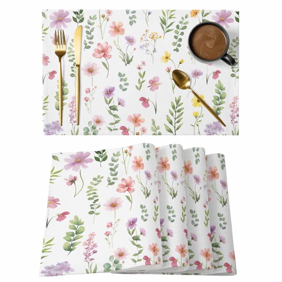 Pink Spring Floral Placemats Set of 6, Flowers Elegant Pastoral Leaves Placemats for Dining Table, Place Mats for Kitchen Tabletop, Waterproof Wipeable Dining Table Mats Set