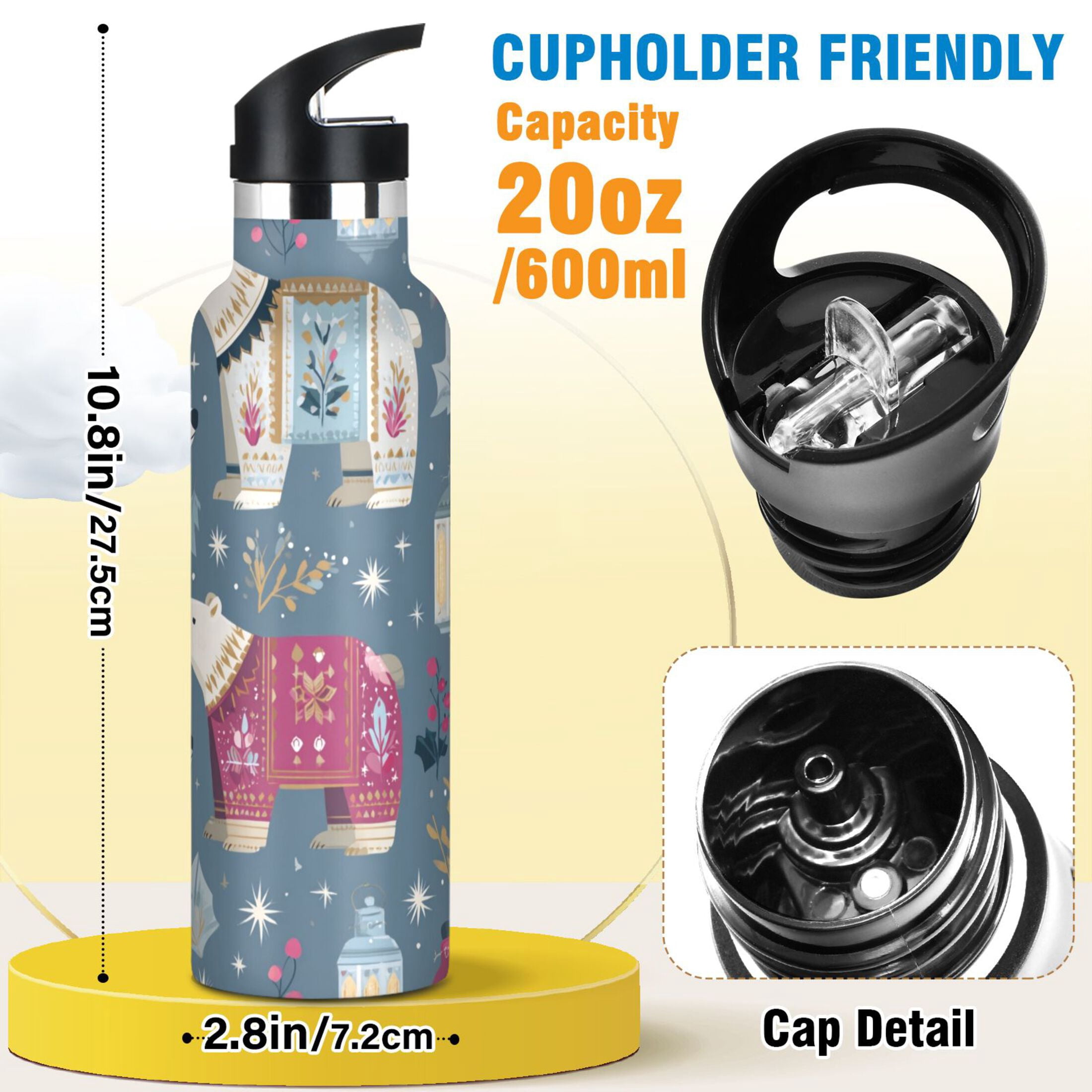 Kids Insulated Stainless Steel Sports Water Bottle 600ml (20oz) Polar Bear Pattern