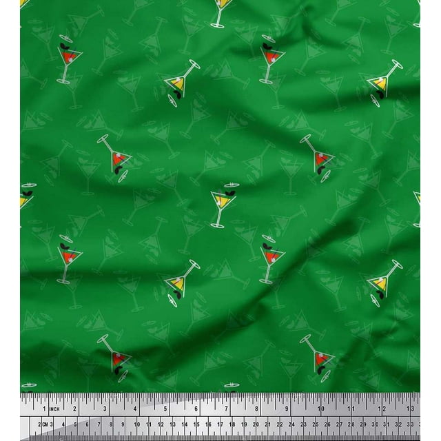 Soimoi Green Poly Georgette Fabric Glass,Straw & Drinks Summer Designs Fabric Prints By Yard 42 Inch Wide