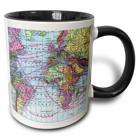 3dRose Colorful Vintage World Map - distance calculations between countries on lines - south america africa, Two Tone Black Mug, 11oz