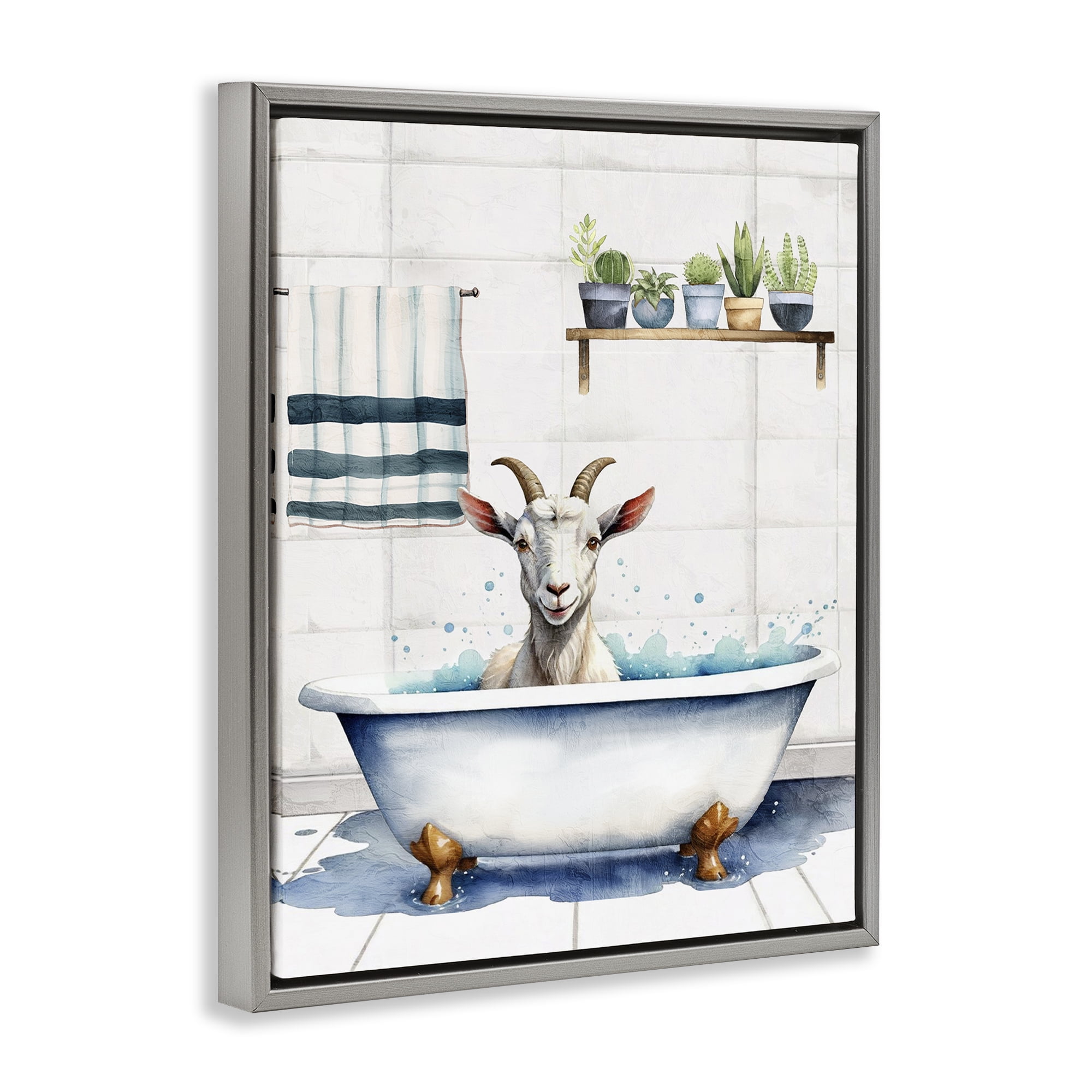 Stupell Industries Goat Bathtime Suds Bath & Laundry Painting Gray Floater Framed Canvas Art Print Wall Art, 17 x 21