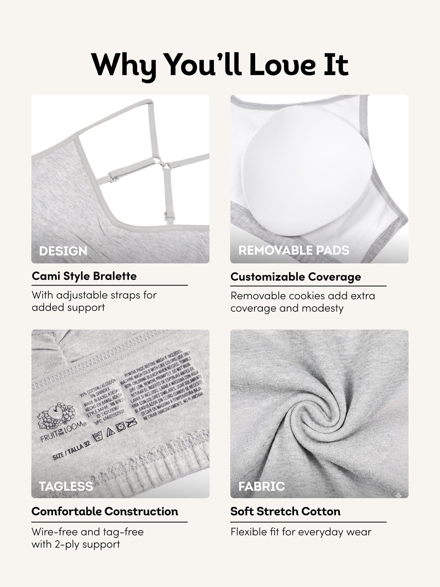 Fruit of the Loom Girls Sports Bra with Removable Pads, 2-Pack, Sizes (28-38)