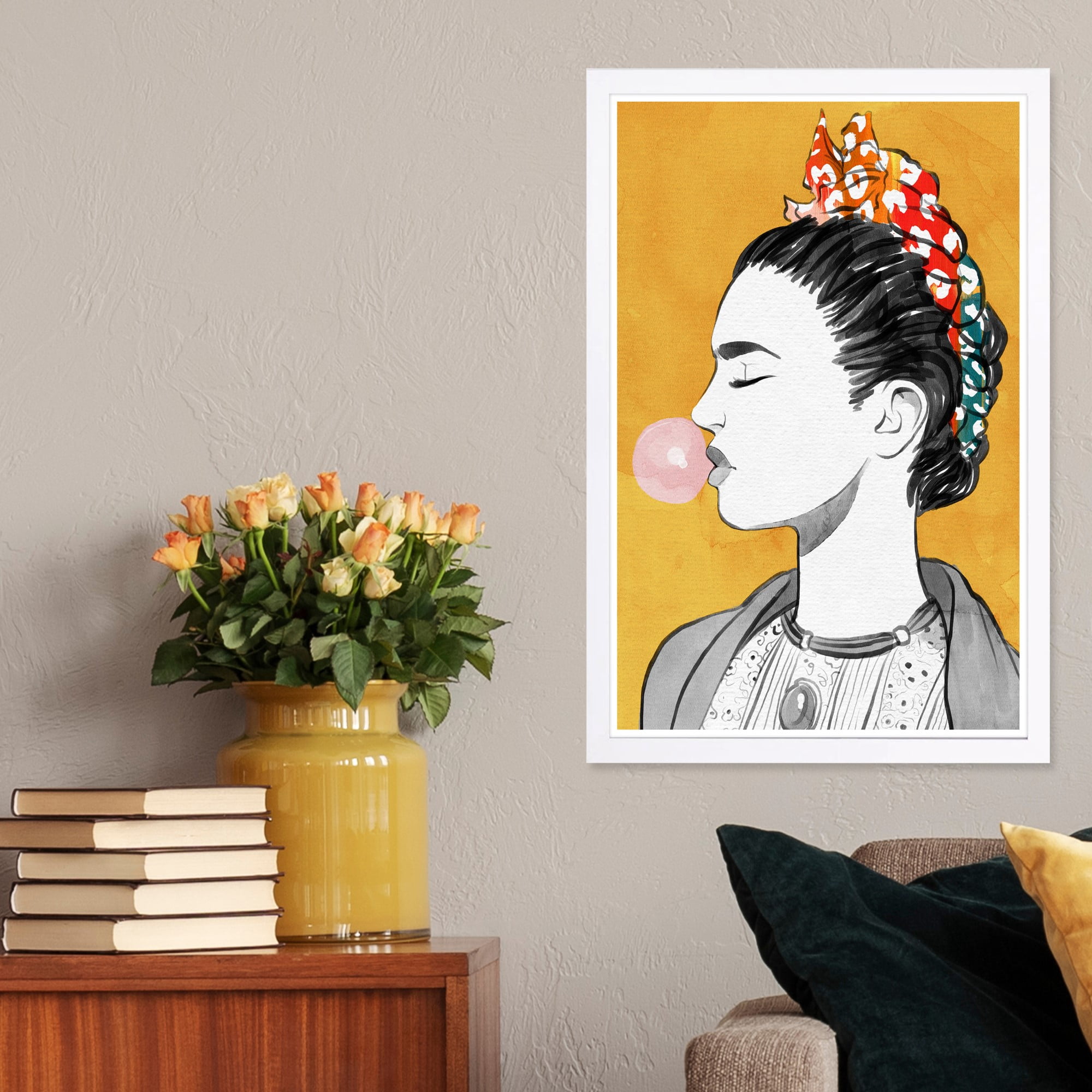 Wynwood Studio 'Latina Bubble Popper' People and Portraits Framed Wall Art Print - Yellow, Black