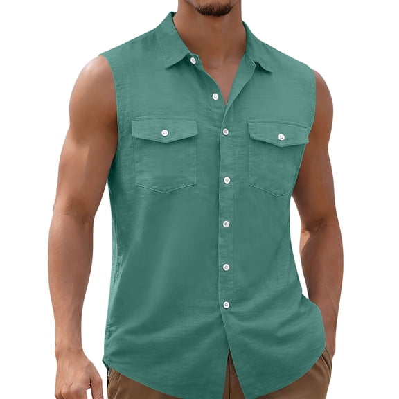 Chiccall Mens Sleeveless Shirts Cargo Lapel Button Down Shirts Solid Summer Work Casual with 2 Pockets
