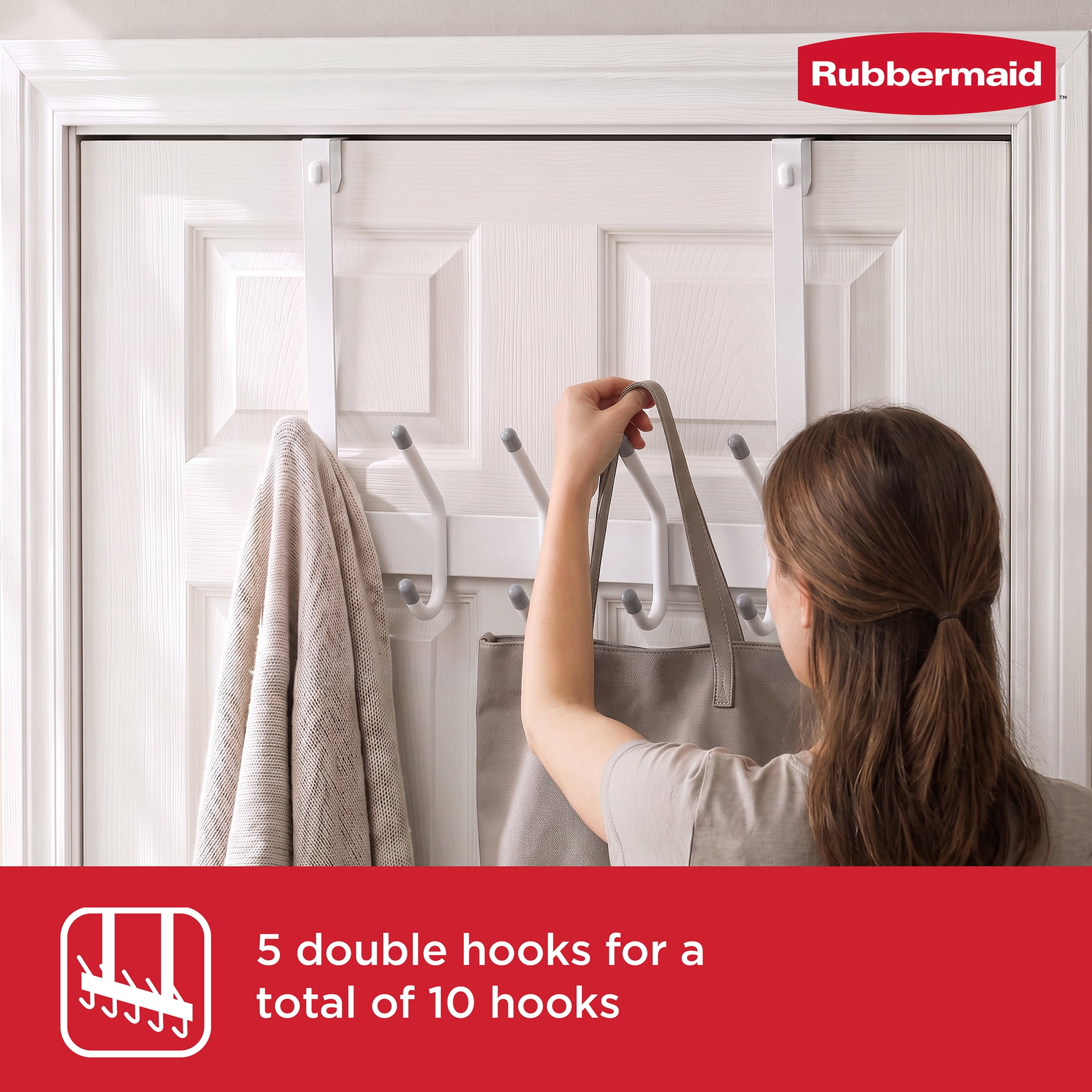 Rubbermaid 5 Double-Hook Over-the-Door Hook Rack, White
