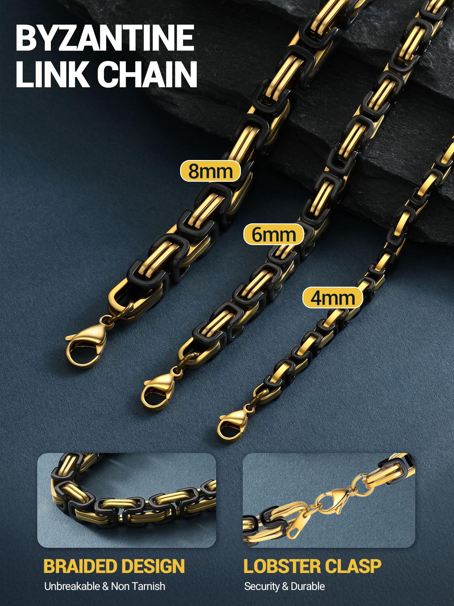 PROSTEEL Black Gold Plated Stainless Steel Necklace for Men 8MM Byzantine Link Chain for Women 20 Inch Jewelry Gift for Boyfriend Husband Birthday Christmas