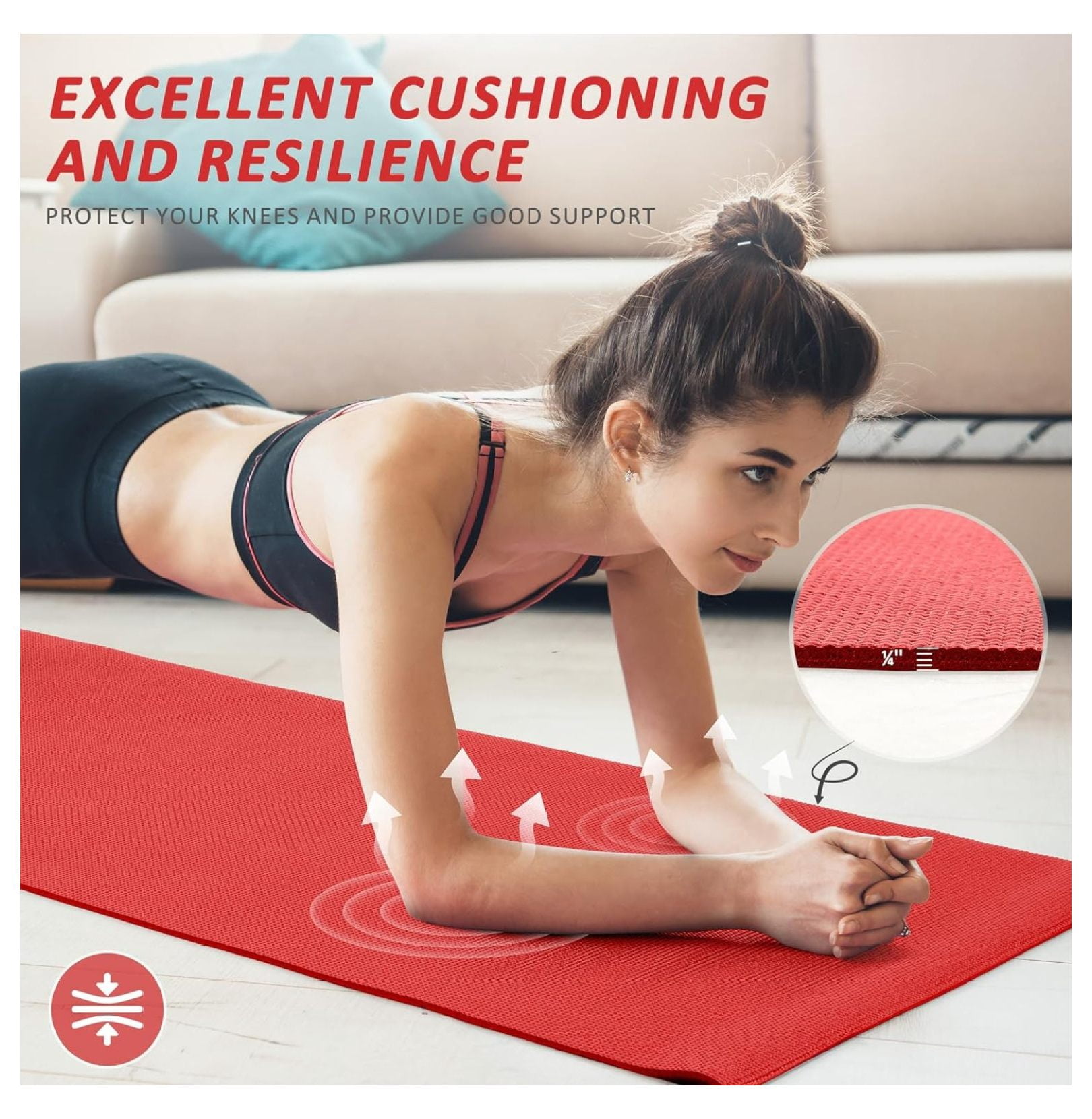 Signature Fitness All Purpose 0.25 Inch Thick High Density No Tear Exercise Yoga Mat with Strap & Lightweight Features for Indoor & Outdoor Use, Red