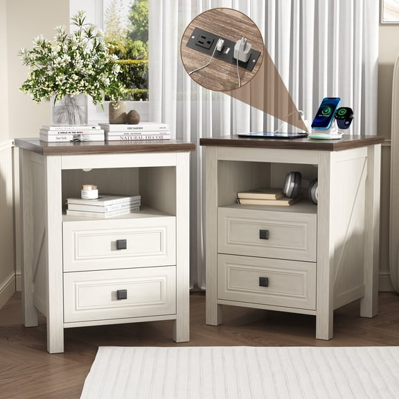 NEGYLIM Nightstand Set of 2 Farmhouse Nightstand with Storage Drawer Bedside Tables End Table for Bedroom Modern Wood Side Table Living Room,White