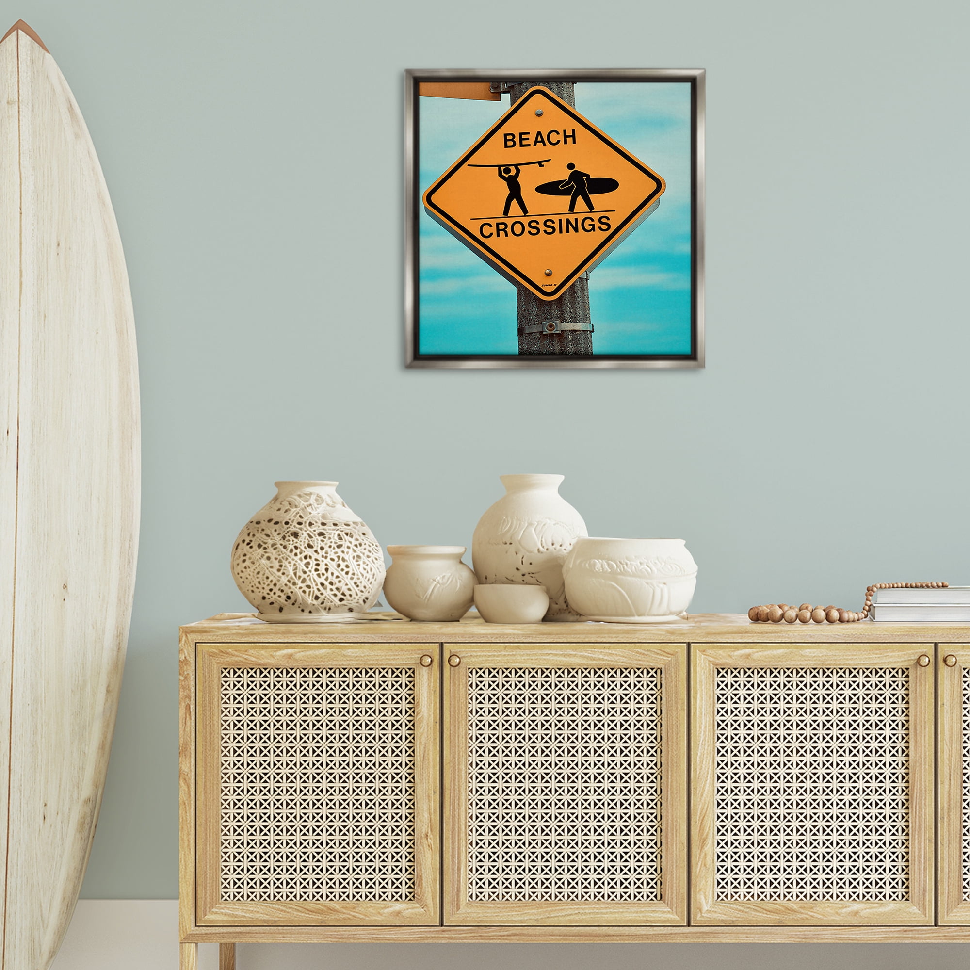 Stupell Industries Beach Crossing Sign Nautical & Beach Photography Gray Floater Framed Canvas Art Print Wall Art, 25 x 25
