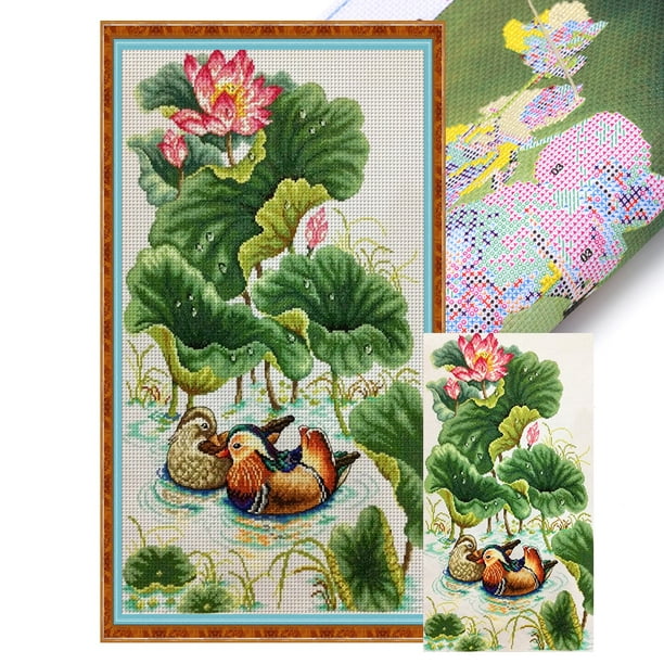 Hilo Algodón Ecológico Bordado Punto Cruz Con Patos Mandarines 11CT 35x55cm