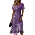 thumbnail image 2 of Minjewel Women's Floral Mini Dress with V-Neck Short Sleeve - Print Summer Dress, Loose Flowy Beach Party Outfit, Comfy Vacation Top,Purple,M, 2 of 6