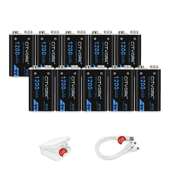 CITYORK USB Rechargeable 9V Batteries Backup Replacement Square Battery Power Pack Constant Pressure 1200mAh Doorbell Batteries Microphone Batteries 10 packs