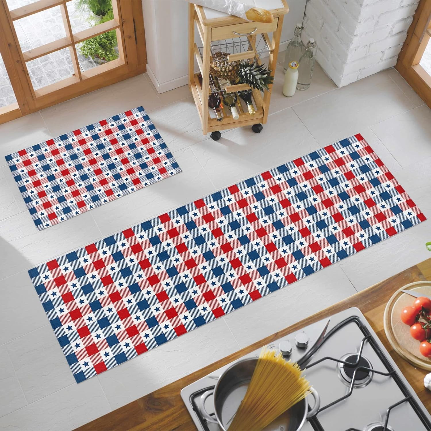 Independence Day Kitchen Rugs and Mats Set of 2, Patriotic Flag Non-Slip Floor Doormat Comfort Area Runner Rug and Mat, Blue Star on Red Blue Checkered Indoor Entrance Carpet Home Decor