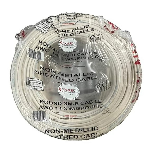 14/3 Grounded NM-B Cable - 250ft Coil - White Building Wire - 14 AWG 3-Conductor with Ground - Solid Copper for Electrical Wiring