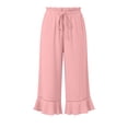 thumbnail image 6 of Linen Pants Women Summer Casual Ruffle Hem Wide Leg Drawstring Elastic Waist Capri Pants with Pockets Beach Vacation Travel Pants M, 6 of 7