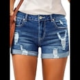 thumbnail image 3 of Shorts Vaqueros Desgastados de Tiro Medio-Alto para Mujer, con Bolsillos y Dobladillo Doblado, Informales, de Verano Azul Oscuro M, 3 of 5