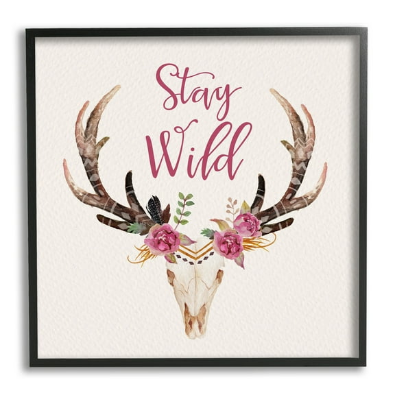 Stupell Industries Stay Wild Boho Chic Floral Deer Skull Antlers Framed Wall Art, 17 x 30, Design by Amy Brinkman