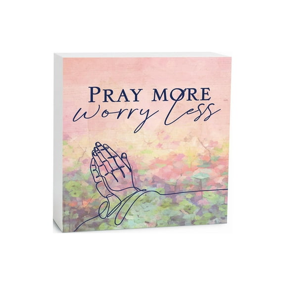 Pray More Worry Less Pink Pastels Hands 5 x 5 Wood Tabletop Sign Plaque