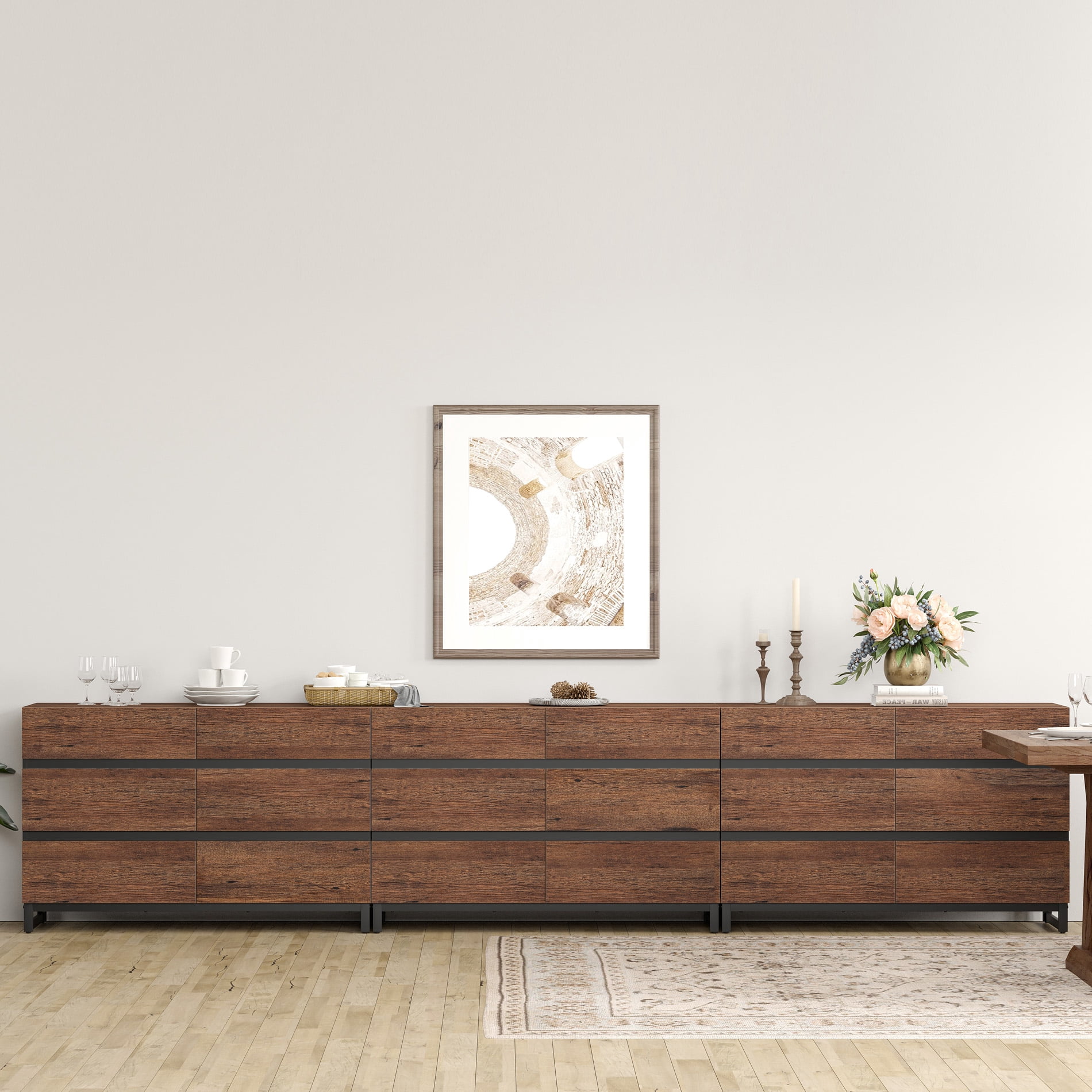 Modern Buffet Sideboard Cabinet with 18 Smooth-Glide Drawers and Sturdy Metal Base, Multifunctional Coffee Bar Storage Organizer Cabinet for Kitchen, Dining Room and Living Room,Brown