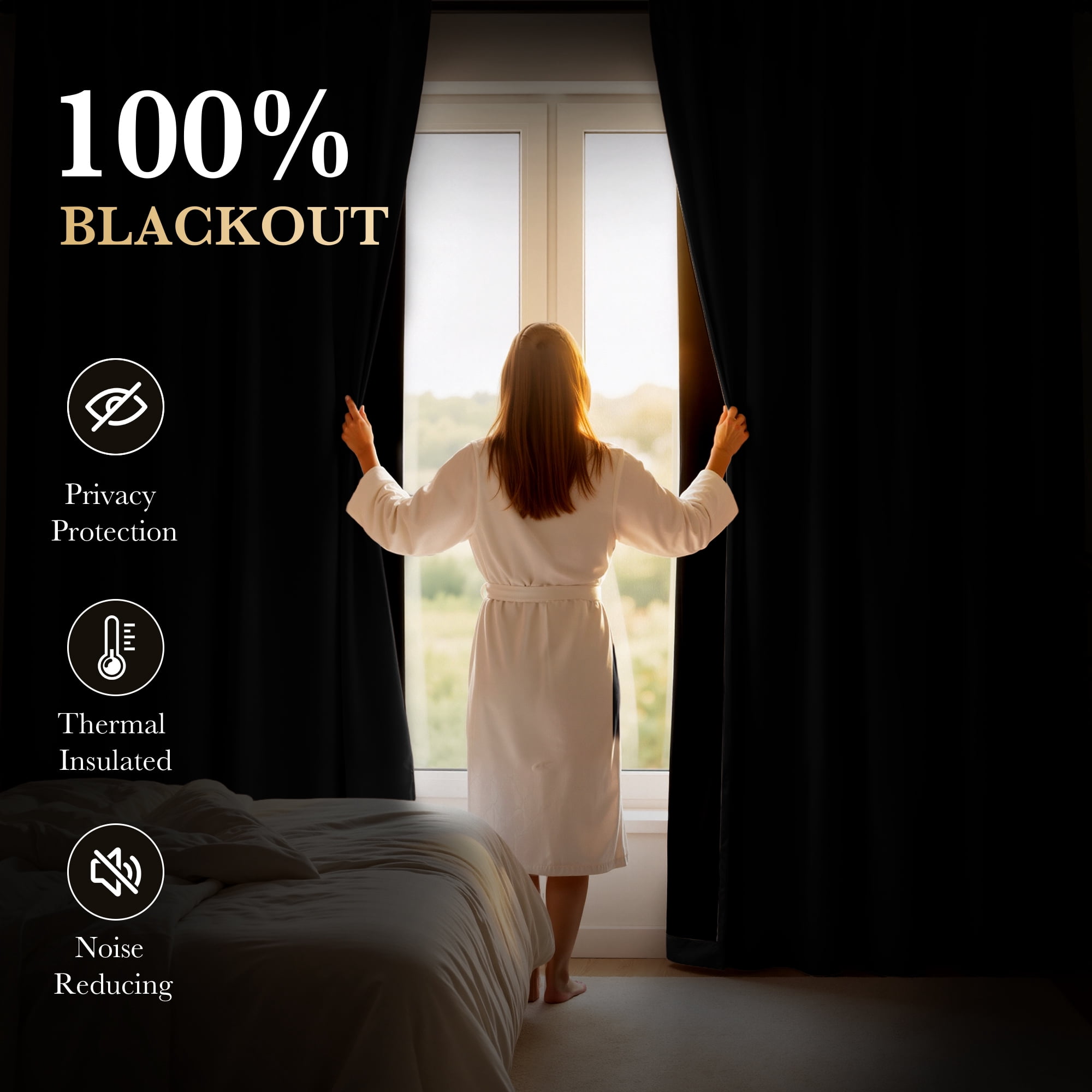 StangH 100% Blackout Curtains for Kitchen, Back Tab & Rod Pocket Drapes Temperature Regulate Room Darkening Noise Reducing Curtains for Bedroom/Bathroom, Black, W52 x L63, 2 Panels
