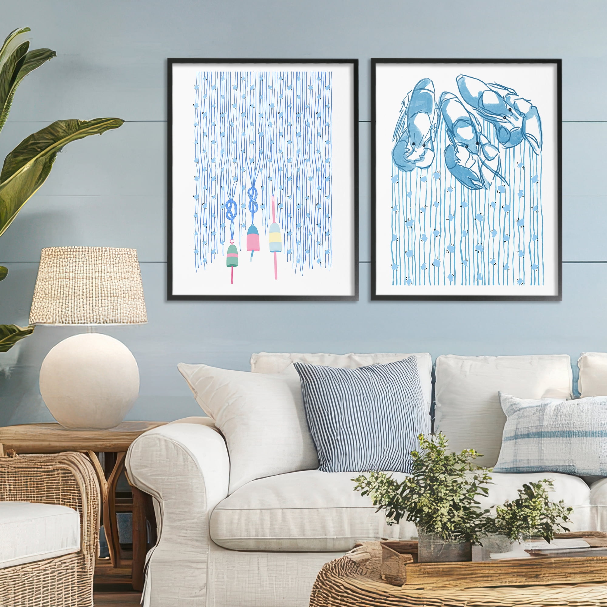 Stupell Industries Nautical Buoys & Lobsters 2 Piece Black Framed Giclee Art Set, design by Melissa Tilley