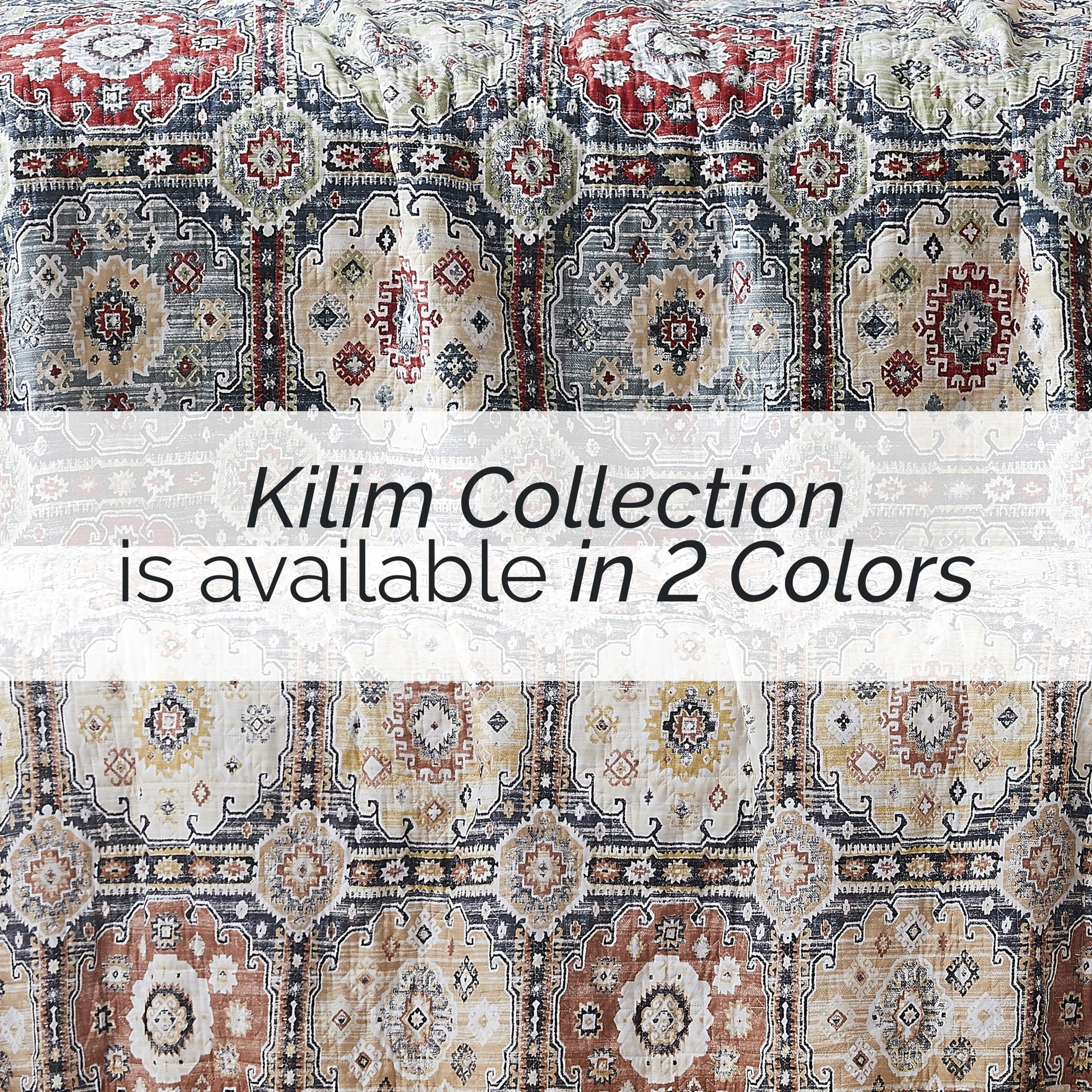 Southshore Fine Living, Inc. Oversized King Quilt Bedding Set 7-Pieces with 2 Pillow Shams, 2 Euro Shams, 2 Throw Pillows, Boho Bedding Set for King and California King Beds, Kilim Blue & Red