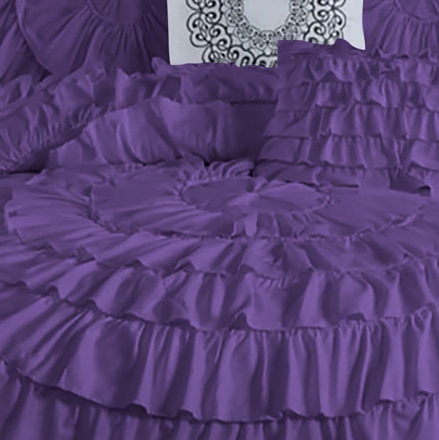 D.N.G. BEDDINGS 100% Egyptian Cotton 1 Piece Circle Ruffle Comforter with 1 Freebie Ruffle Pillow | 550 GSM Filled Microfiber - Oversized Super King Size, Purple Color - 800 Thread Count