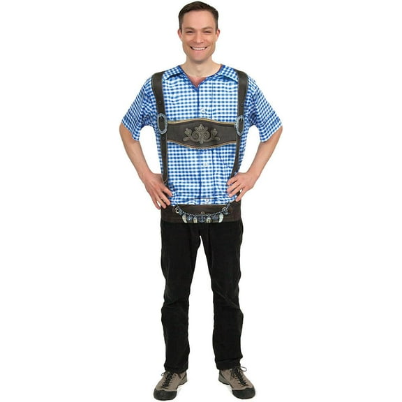 Oktoberfest Costume Lederhosen Realistic Faux Blue Shirt