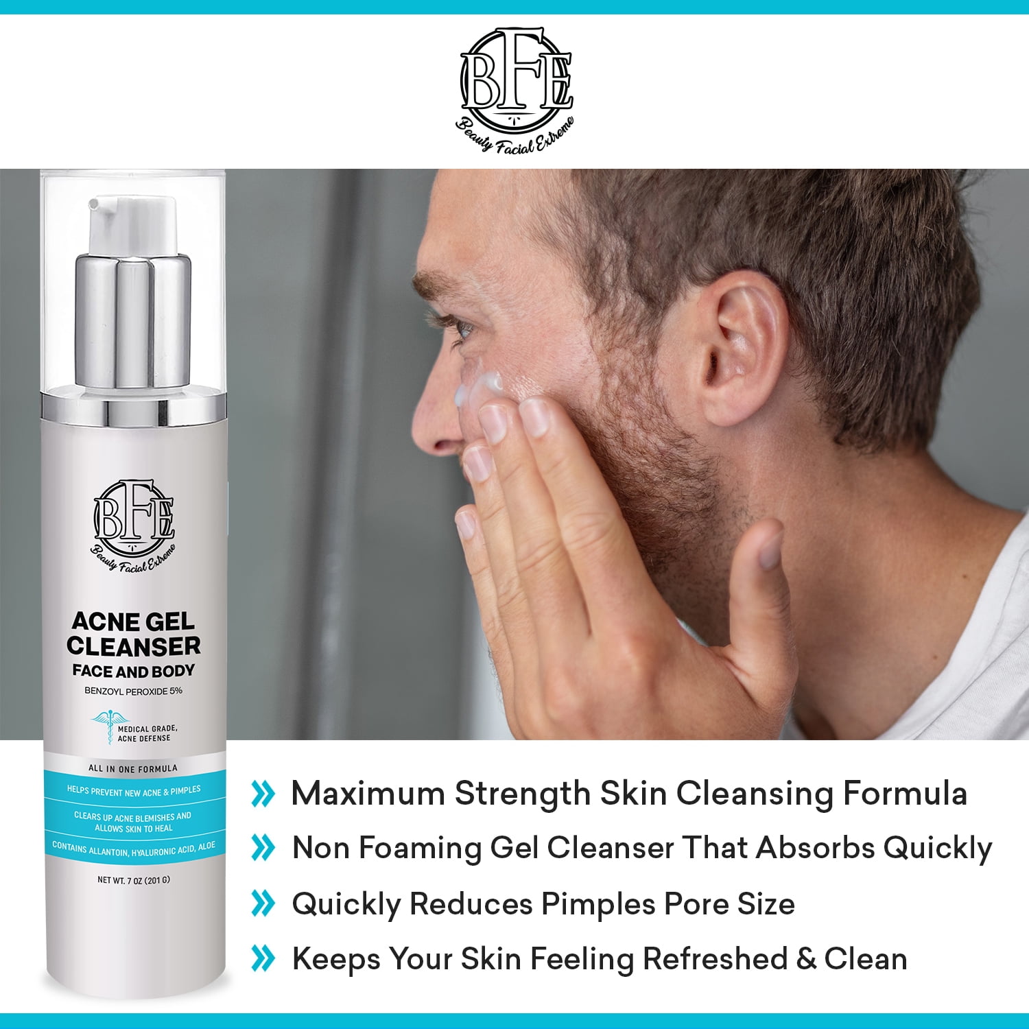 Acne Face Wash Treatment with Benzoyl Peroxide 5 Precent - Fight Acne Blemishes on Contact for Cystic Breakouts, Oily Skin, Clogged Pores, Blackhead, Whitehead & Pimples