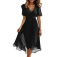 thumbnail image 2 of Womens Floral Maxi Dress - Short Sleeve Summer Boho Wedding Guest Dress Tie Waist Empire Waist Chiffon Modest Midi Dresses Black L, 2 of 7