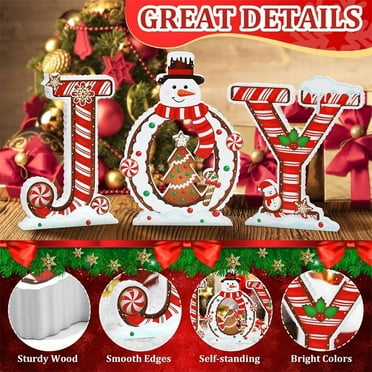 3Pcs Wooden Joy Sign Christmas Decorations Holiday Tabletop Centerpiece Decor