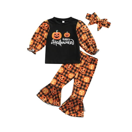 

Gwiyeopda Kids Baby Girls Halloween Suit Set Pumpkin Print Round Neck Long Sleeve Tops+ Flared Trouser+ Headband