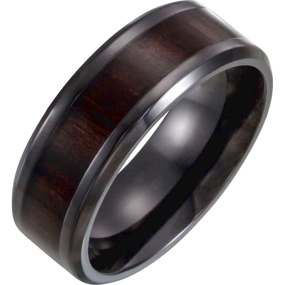 Black Titanium 8mm Beveled-edge Band Ring With Wood Inlay Size 9 Ring for Women and Men - 5.4 Grams