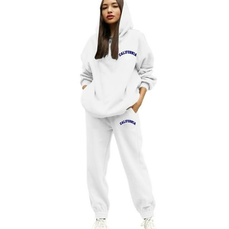 sususu Jogger Sets for Women 2 Piece Fall Outfits Women s Casual Hooded Tracksuit Set Printed Lettering Drawstring Jogger Pants Comfortable Athletic Wear Outfit For Daily Life - White