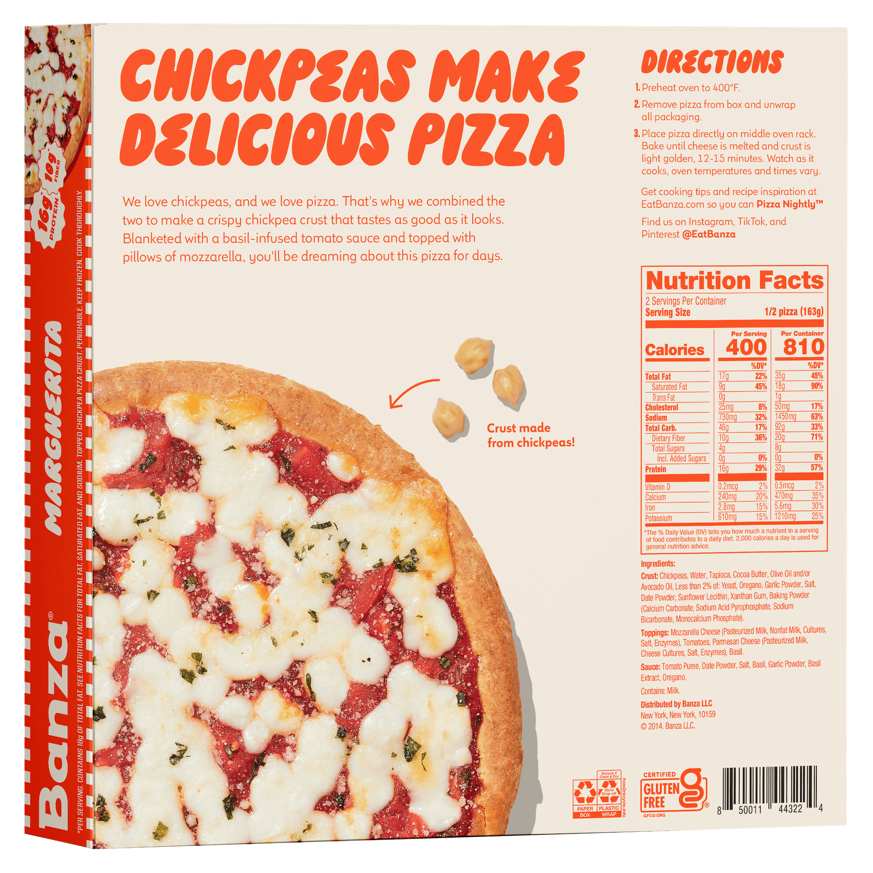Banza Margherita Pizza from Chickpeas - High Protein, Gluten Free, Lower Carb Frozen Pizza, 11oz