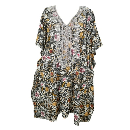 - Mogul Moroccan Caftan Silver Sequin Work Floral Short Caftan Kimono Bikini Beach Cover Up Kaftan Dress One Size