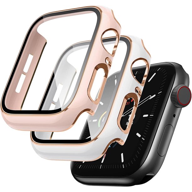 2 Pack Cases Compatible with Apple Watch Case 45mm Series 7 Built in Tempered Glass Screen Protector Ultra-Thin Bumper Full Coverage iWatch Protective Cover for Women Men (Pink/White)