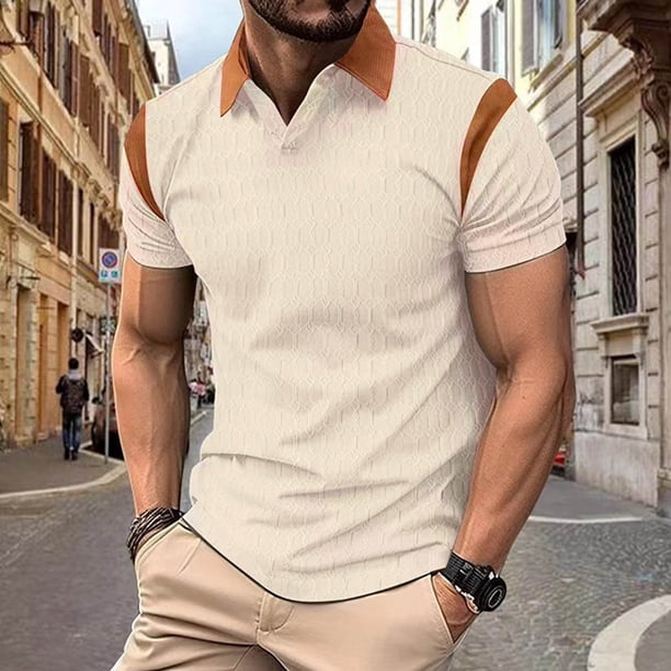 pstuiky Camisas de manga corta para hombre, Camisa informal de color liso con cuello vuelto y manga corta de cedro para hombre ropa de hombre xl