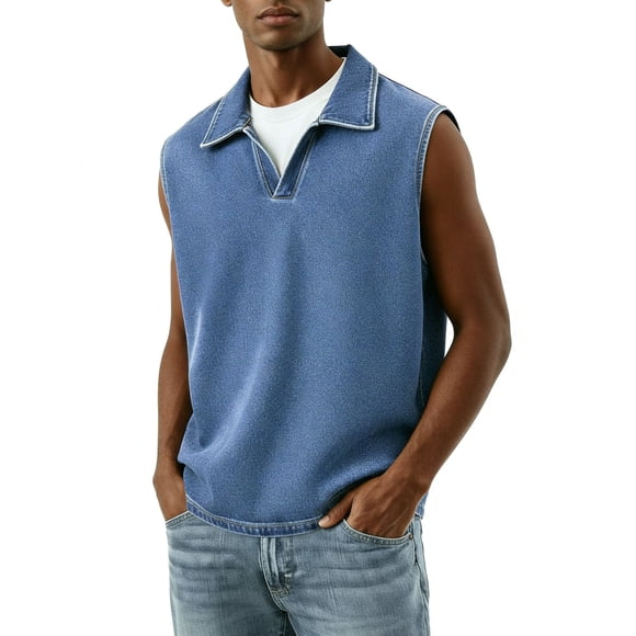 Men's Denim Sleeveless Polo Tank Top Contrast Trim Breathable Fabric Summer Casual & Street Wear For Canadian Men,Blue,S