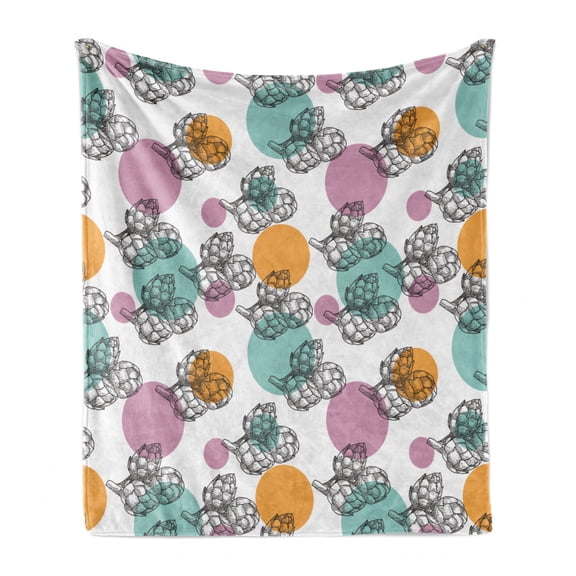 Artichoke Soft Flannel Fleece Throw Blanket, Vintage Inspired Dotted Backdrop with Black and White Artichokes, Cozy Plush for Indoor and Outdoor Use, 50" x 70", Turquoise Apricot, by Ambesonne