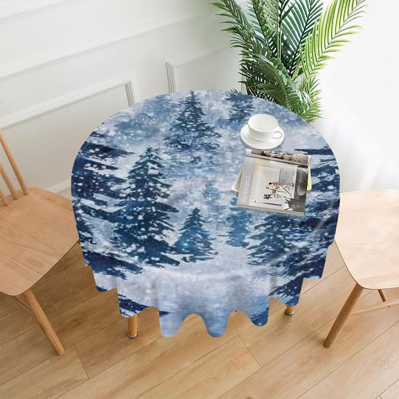 RKSupls 60 Inch Round Tablecloth, Snowy Pine Forest Premium Polyester Straight Edge Wrinkle Resistant Washable Table Cover for Party Home Dining Decor