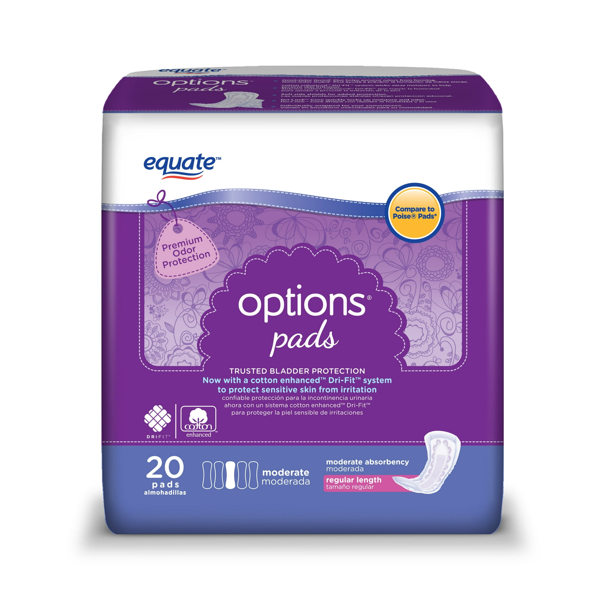 Equate Options Incontinence Pads for Women, Moderate, Regular, 20 Count