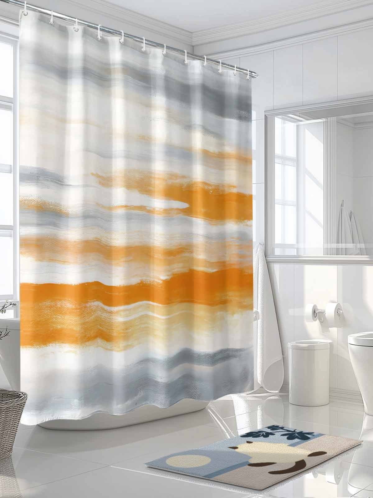 Boanket Polyester Fabric Orange Gray White Shower Curtain, Farmhouse Abstract Ombre Texture Waterproof Bathtub Curtain Bathroom Decor Set with Hooks 72 x 84 Inches,