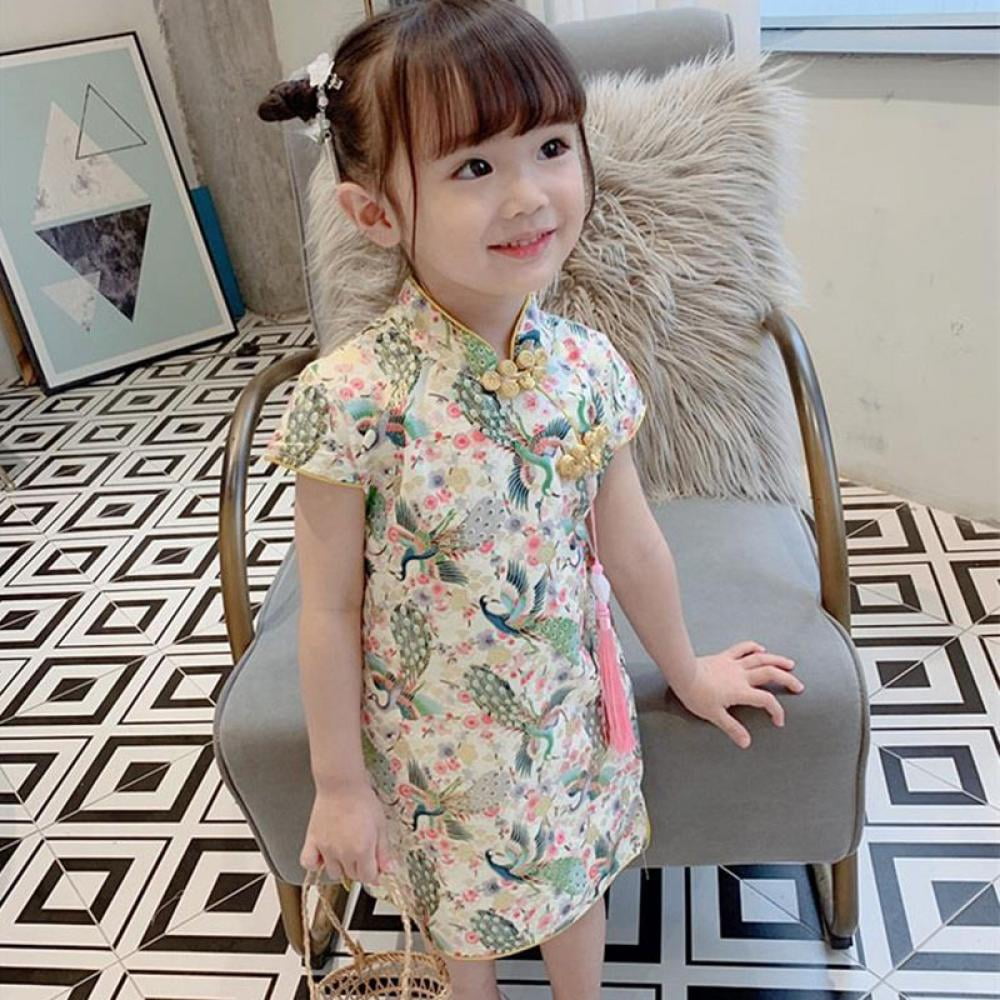 Girls Chinese Costume Dress Printed Qipao Short Sleeve 2~10years Child