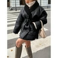 thumbnail image 5 of Female Faux Leather Jacket with Faux Fur Collar, Winter Long Sleeve Furry Trim Peplum Parka Coat with Belt Black L, 5 of 7