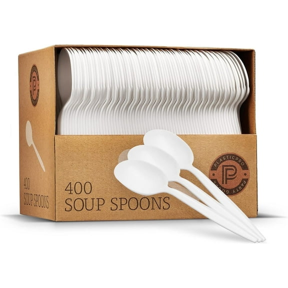 PLASTICPRO Disposable Plastic Soup Spoons Mediumweight Cutlery Utensils, 400 Pack