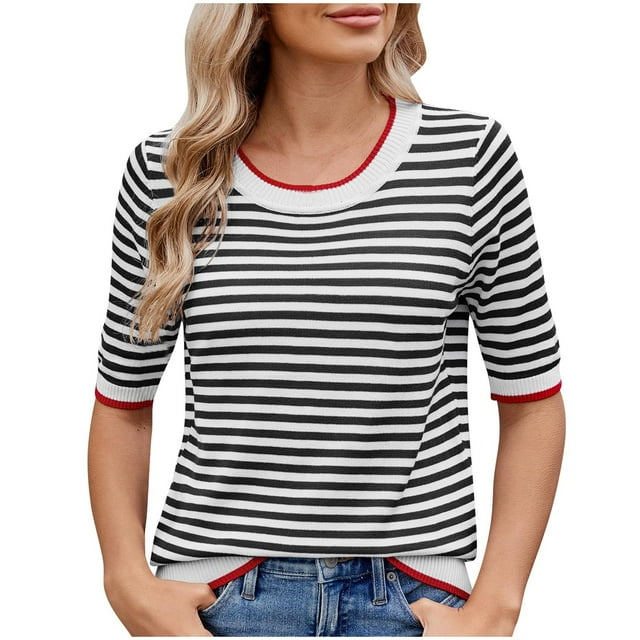 Pisexur Hauts de Printemps pour Femmes 2025, Hauts d'Entraînement pour Femmes, Hauts pour Dames Blouses à Manches Courtes Rayées Col Rond Mode Décontractée Noir, m