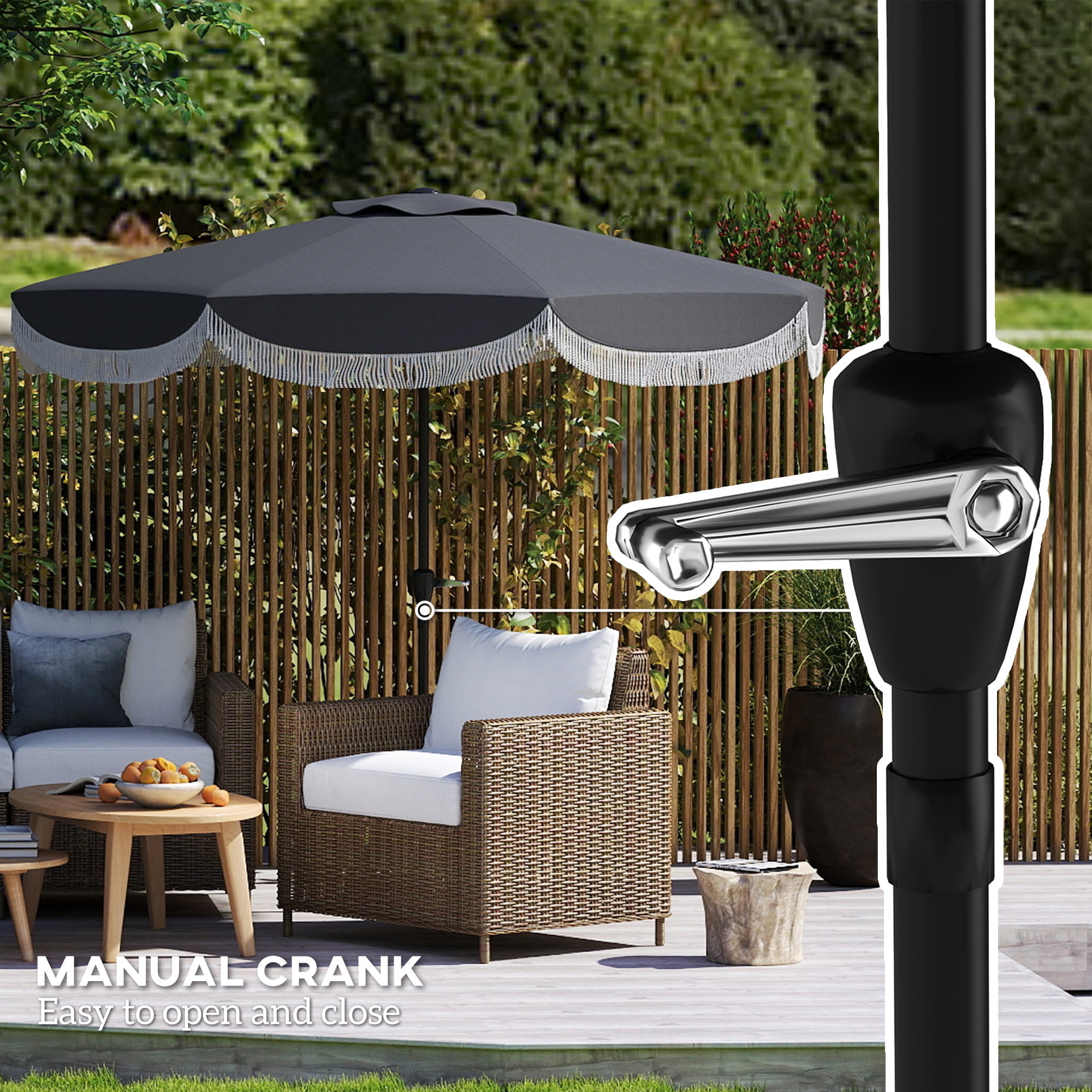 Outsunny 9FT Patio Umbrella, UPF 30+ Outdoor Market Umbrella, Vented Patio Table Umbrella with Crank, 8 Ribs, Push Button Tilt, Charcoal Gray
