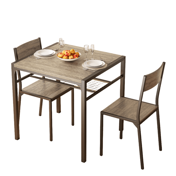 3 Piece Dining Table Set, Kitchen Table Set for 2 with MDF Table & Chairs, Space-Saving Kitchen Set with Storage Shelf for Apartments, Breakfast Nook, Studio Living, Gray