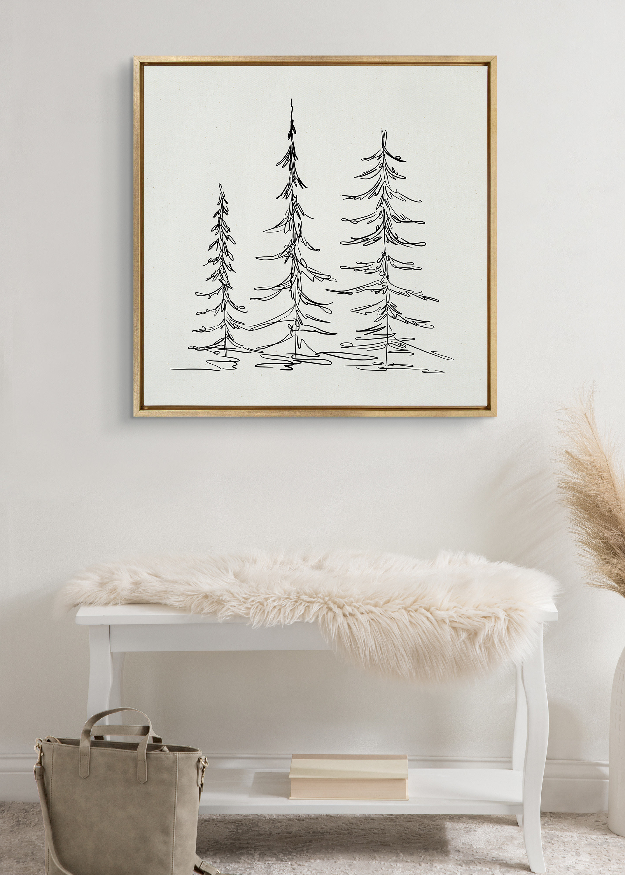 Kate and Laurel Sylvie Minimalist Evergreen Trees Sketch Framed Linen Textured Canvas Wall Art by The Creative Bunch Studio, 30x30 Gold, Chic Modern Art for Wall
